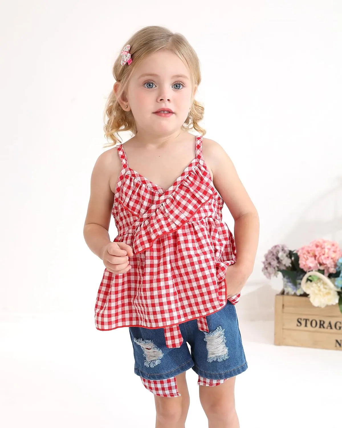 Kucnuzki Baby Girl Clothes Toddler Girl Summer Two Piece Outfit Kids Ruffle Sleeveless Plaid Tops Denim Jeans Shorts Set