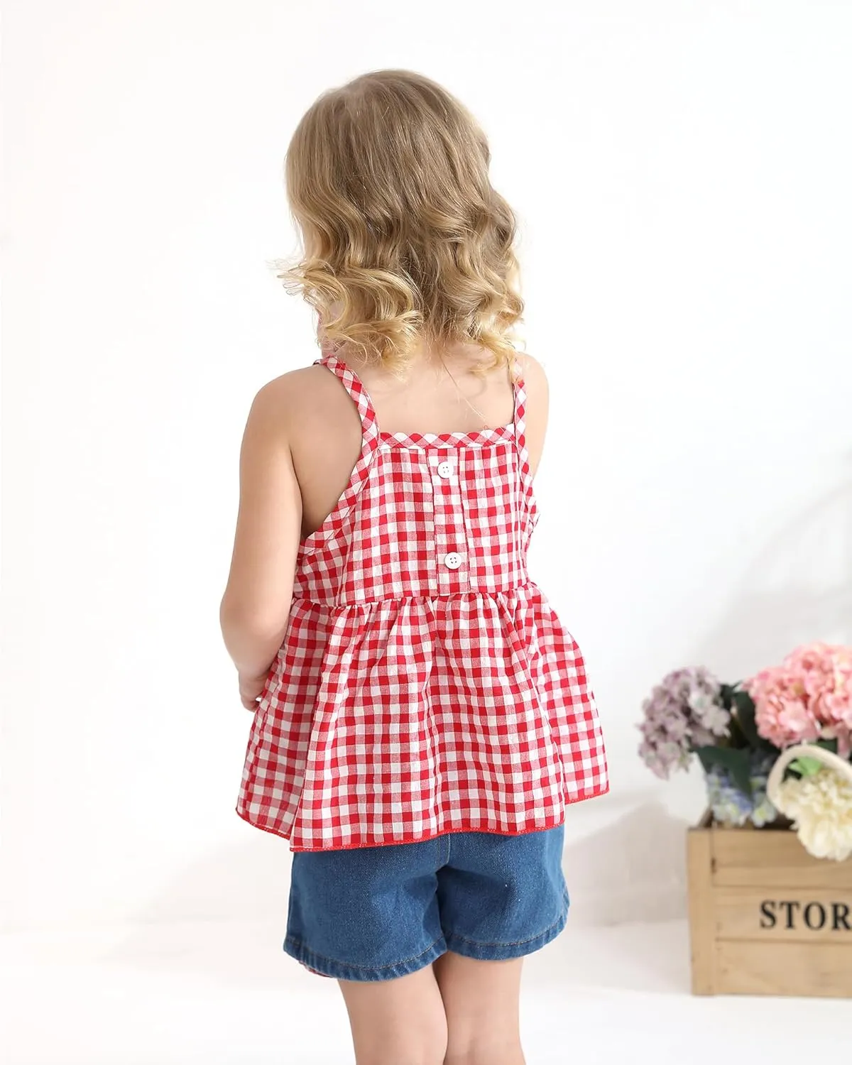 Kucnuzki Baby Girl Clothes Toddler Girl Summer Two Piece Outfit Kids Ruffle Sleeveless Plaid Tops Denim Jeans Shorts Set