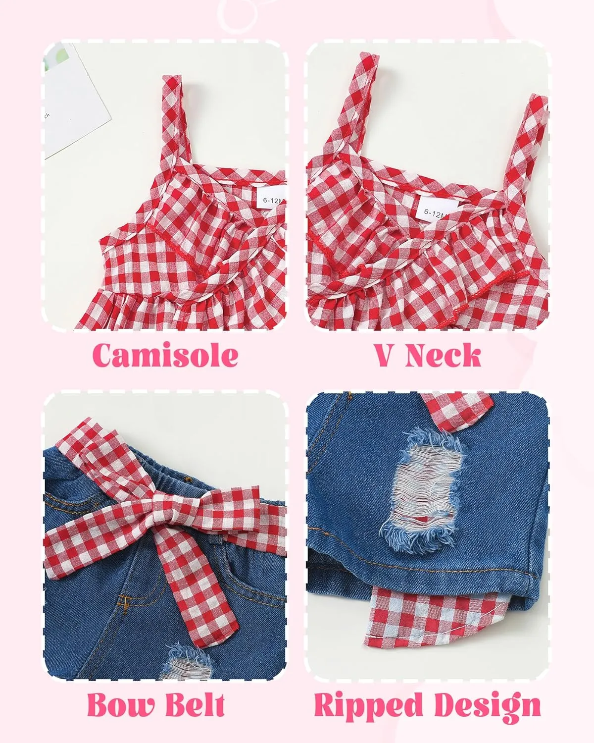 Kucnuzki Baby Girl Clothes Toddler Girl Summer Two Piece Outfit Kids Ruffle Sleeveless Plaid Tops Denim Jeans Shorts Set