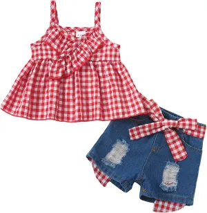 Kucnuzki Baby Girl Clothes Toddler Girl Summer Two Piece Outfit Kids Ruffle Sleeveless Plaid Tops Denim Jeans Shorts Set
