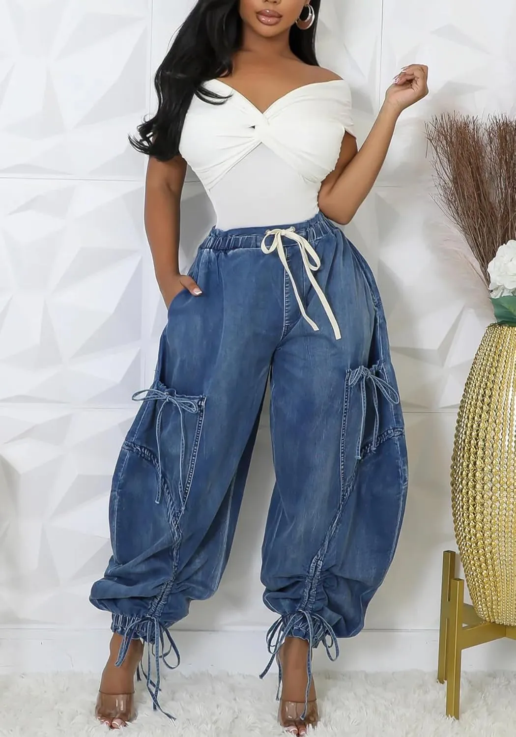 LETSVDO Women's Baggy Cargo Jogger Jeans High Waisted Wide Leg Drawstring Bow Pockets Loose Harem Denim Pant Sweatpants