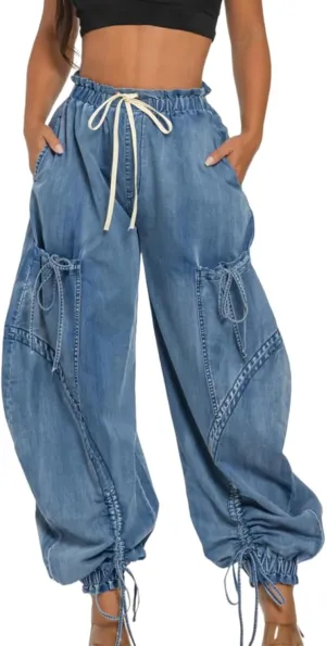 LETSVDO Women's Baggy Cargo Jogger Jeans High Waisted Wide Leg Drawstring Bow Pockets Loose Harem Denim Pant Sweatpants