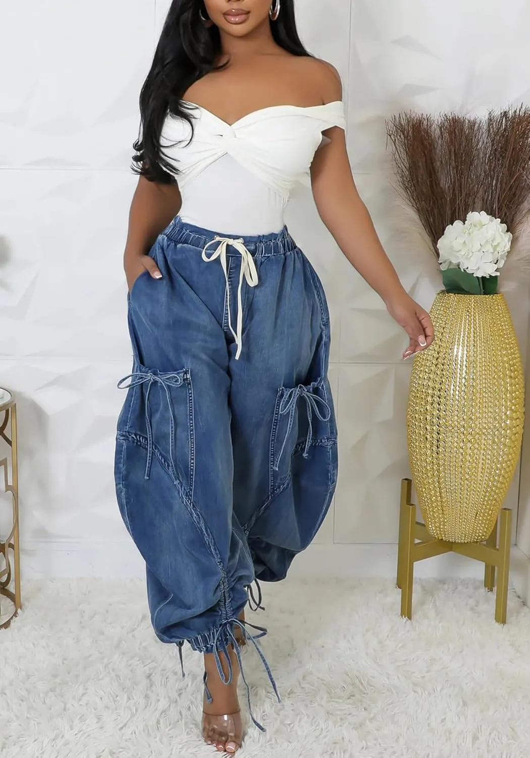 LETSVDO Women's Baggy Cargo Jogger Jeans High Waisted Wide Leg Drawstring Bow Pockets Loose Harem Denim Pant Sweatpants