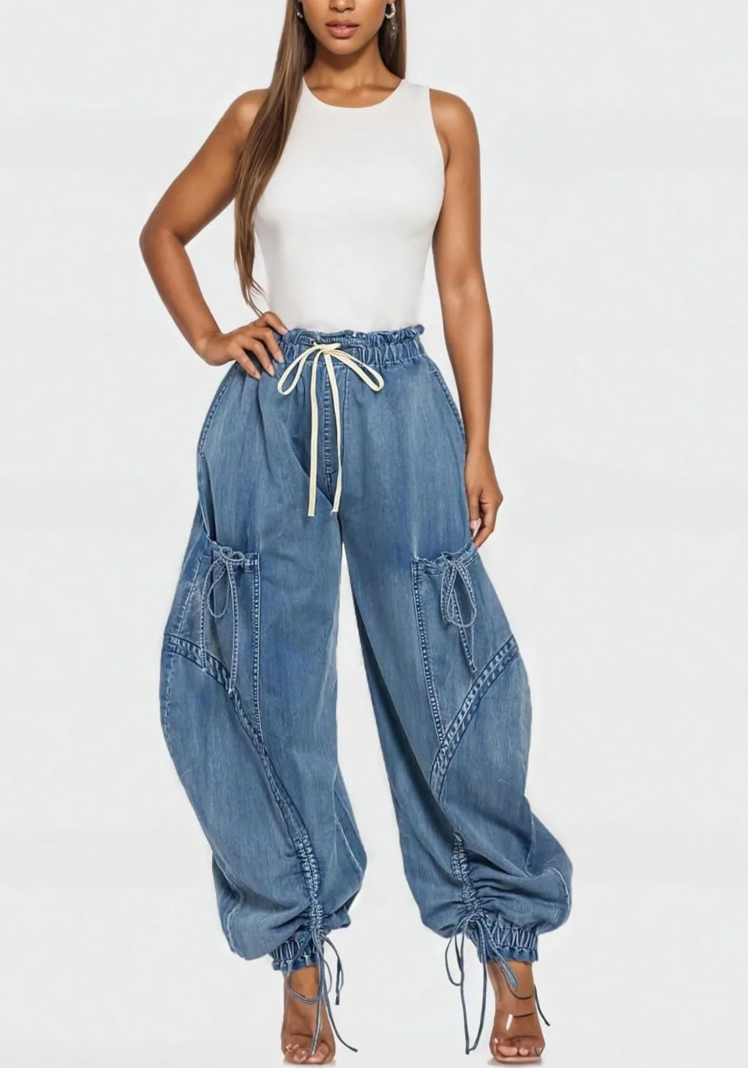 LETSVDO Women's Baggy Cargo Jogger Jeans High Waisted Wide Leg Drawstring Bow Pockets Loose Harem Denim Pant Sweatpants