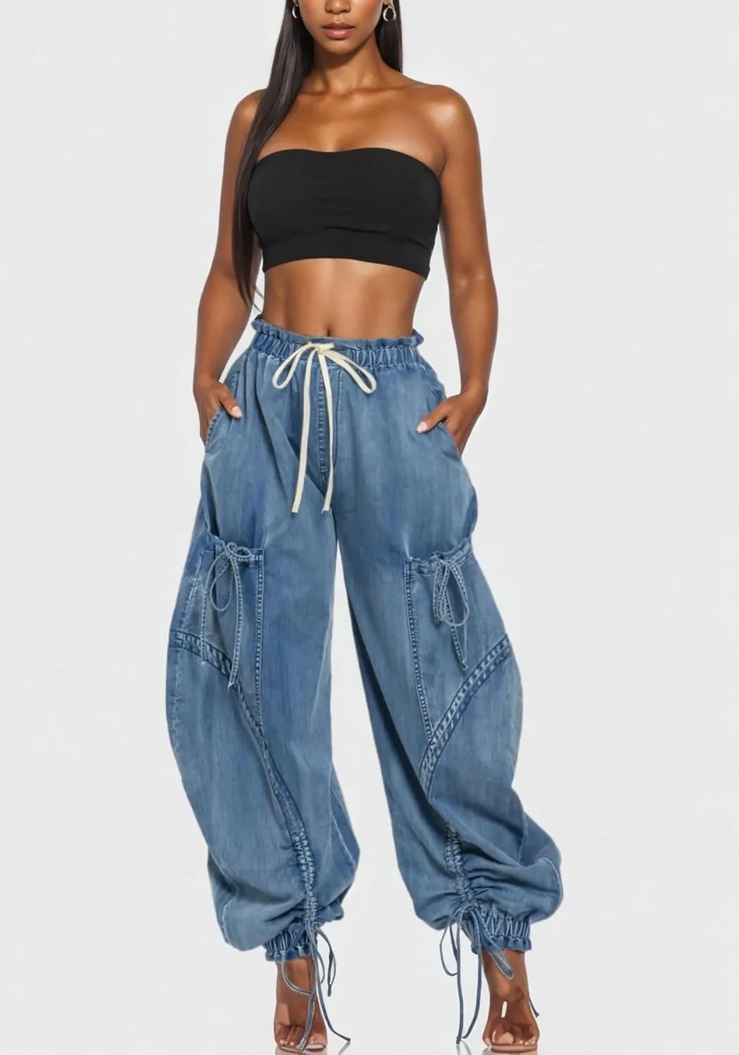 LETSVDO Women's Baggy Cargo Jogger Jeans High Waisted Wide Leg Drawstring Bow Pockets Loose Harem Denim Pant Sweatpants