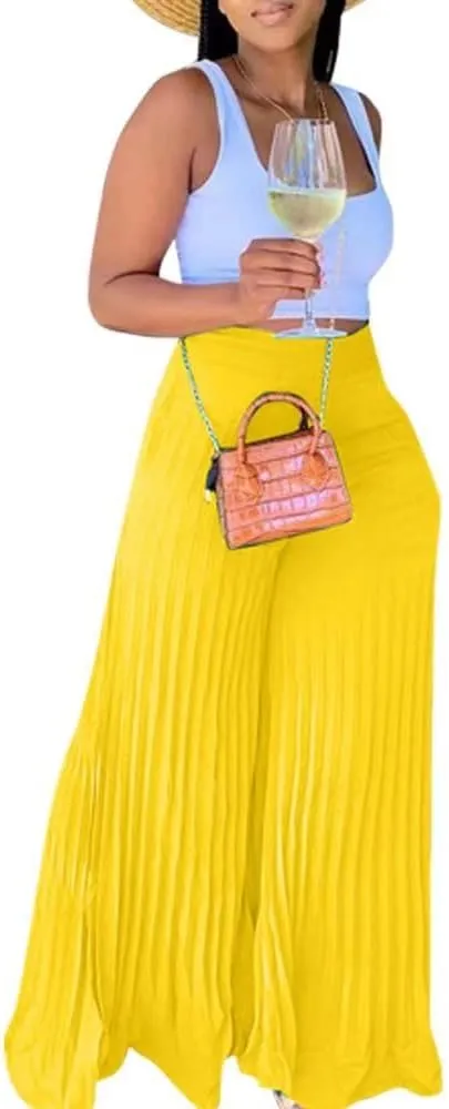 Lexiart Womens High Waisted Chiffon Loose Pleated Wide Leg Palazzo Pants