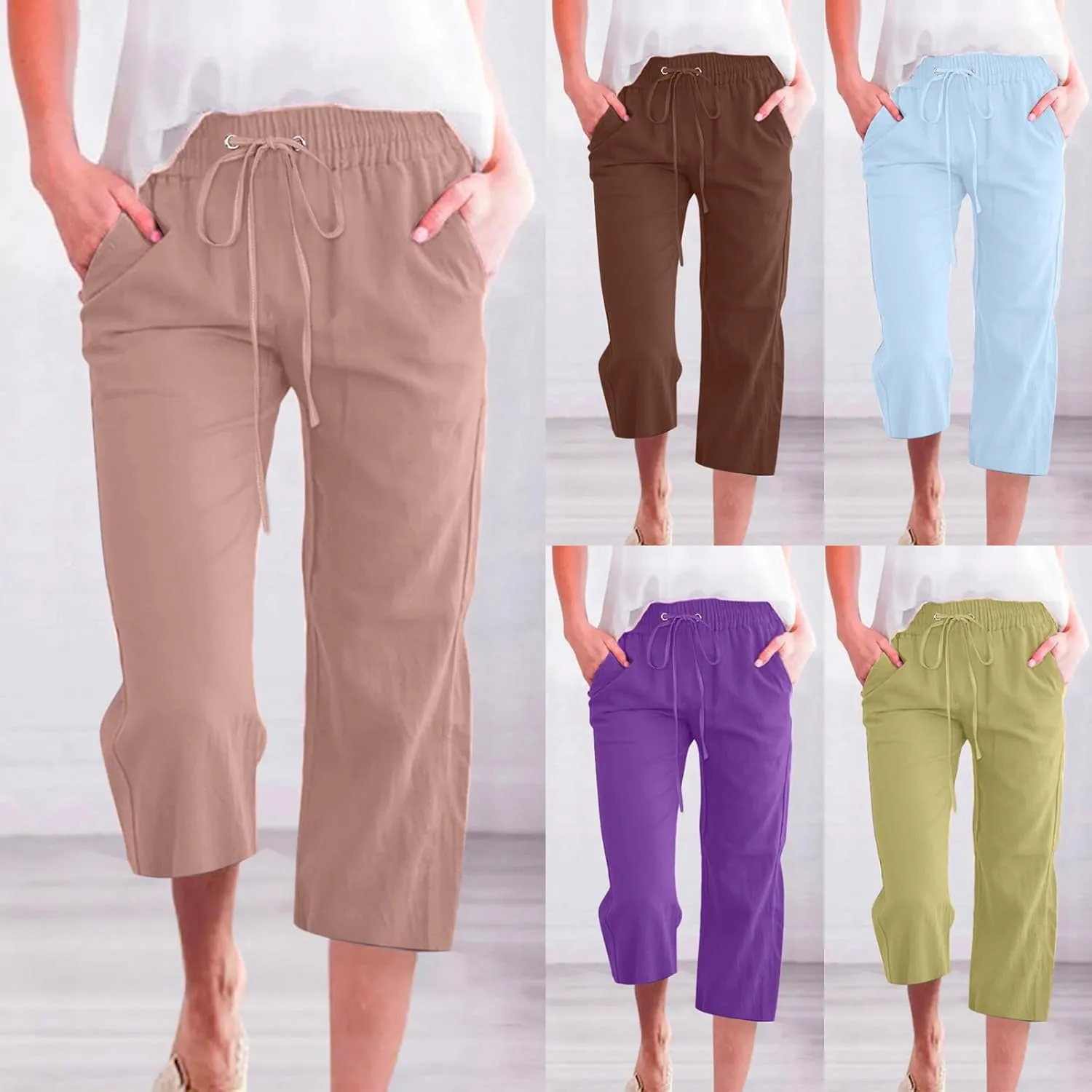 Linen Capri Pants for Women Loose Fit Crop Trousers Elastic Drawstring Waist Summer Boho Beach Outfit with Pockets
