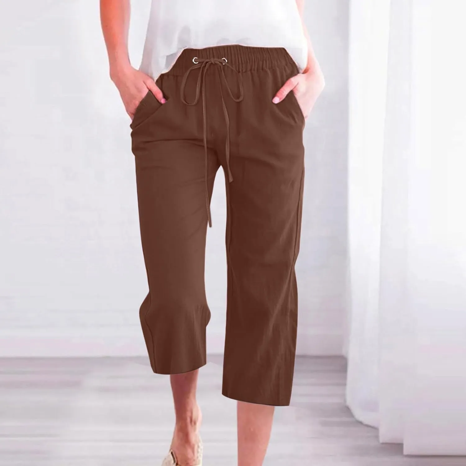 Linen Capri Pants for Women Loose Fit Crop Trousers Elastic Drawstring Waist Summer Boho Beach Outfit with Pockets