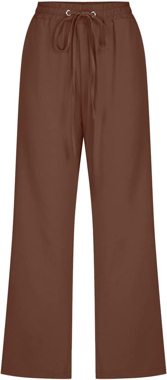 Linen Capri Pants for Women Loose Fit Crop Trousers Elastic Drawstring Waist Summer Boho Beach Outfit with Pockets