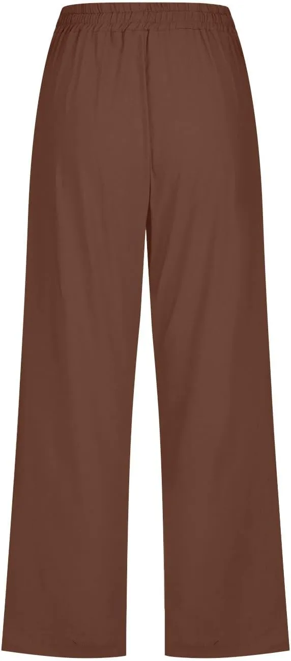 Linen Capri Pants for Women Loose Fit Crop Trousers Elastic Drawstring Waist Summer Boho Beach Outfit with Pockets
