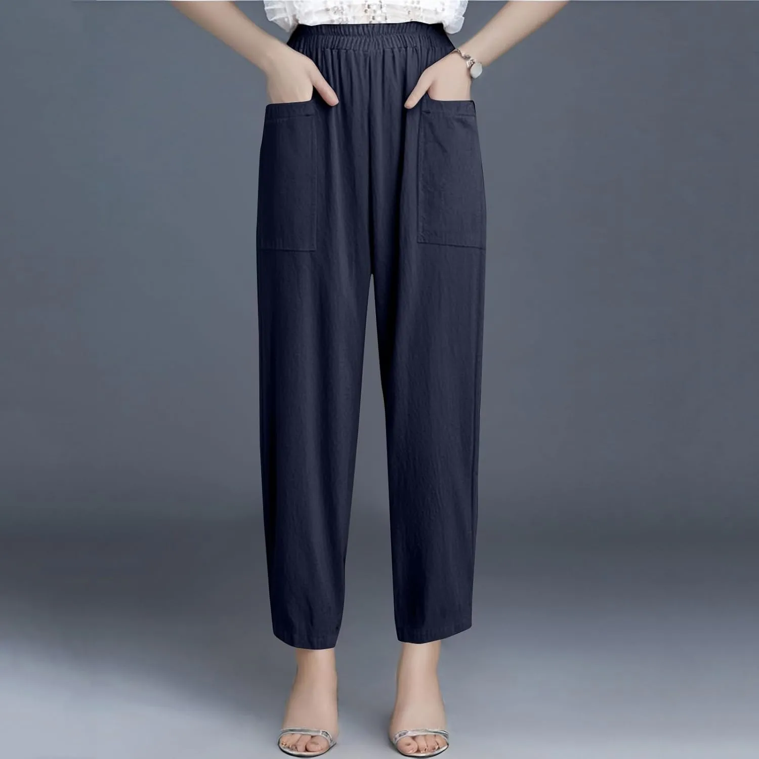 Linen Pants Women Elastic High Waisted Pull on Straight Leg Lounge Pants with Pockets Loose Fit Wide Leg Trouser