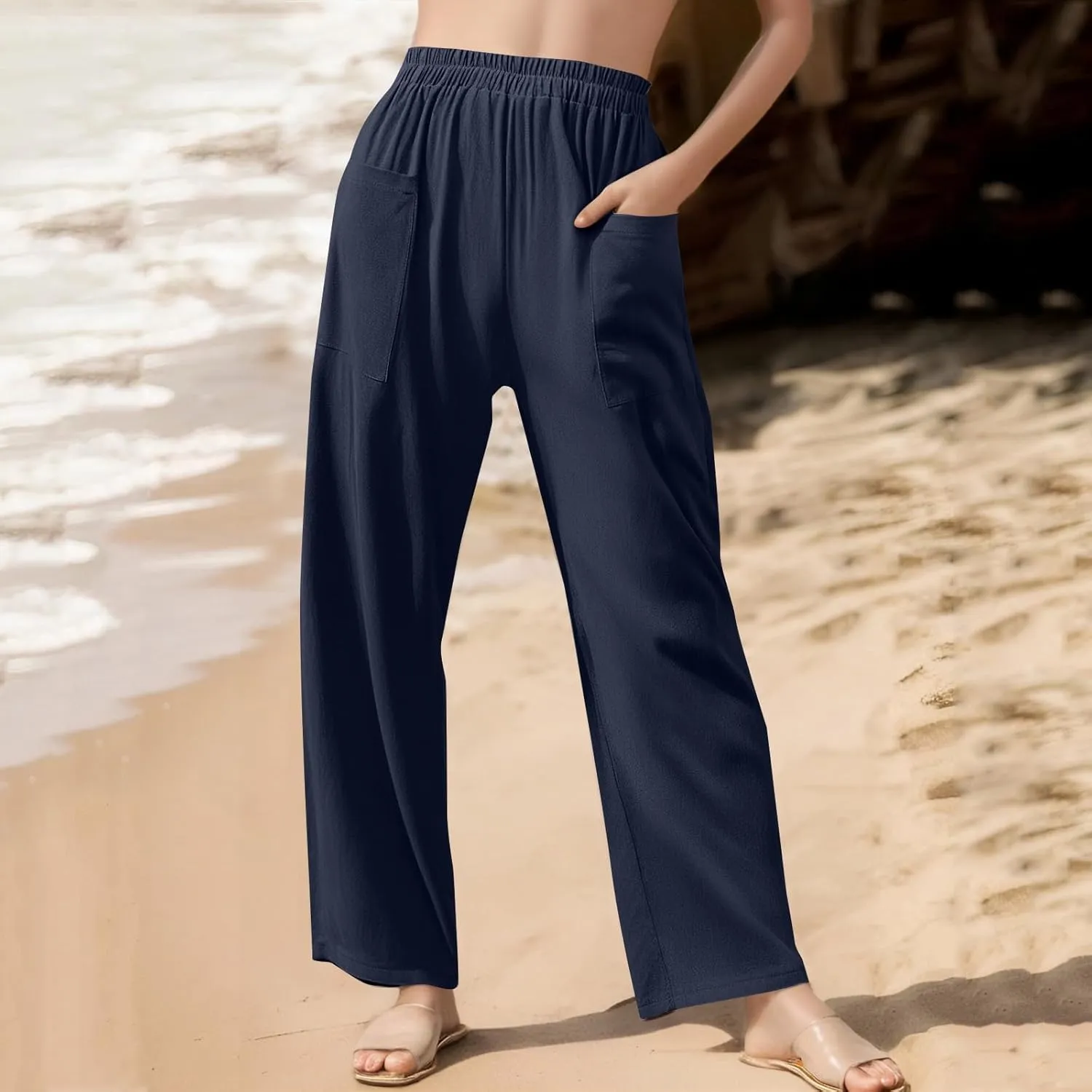 Linen Pants Women Elastic High Waisted Pull on Straight Leg Lounge Pants with Pockets Loose Fit Wide Leg Trouser