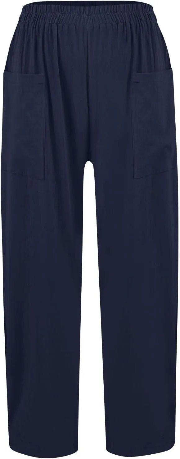 Linen Pants Women Elastic High Waisted Pull on Straight Leg Lounge Pants with Pockets Loose Fit Wide Leg Trouser