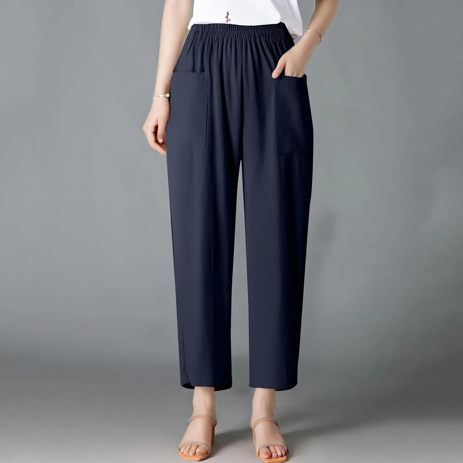 Linen Pants Women Elastic High Waisted Pull on Straight Leg Lounge Pants with Pockets Loose Fit Wide Leg Trouser