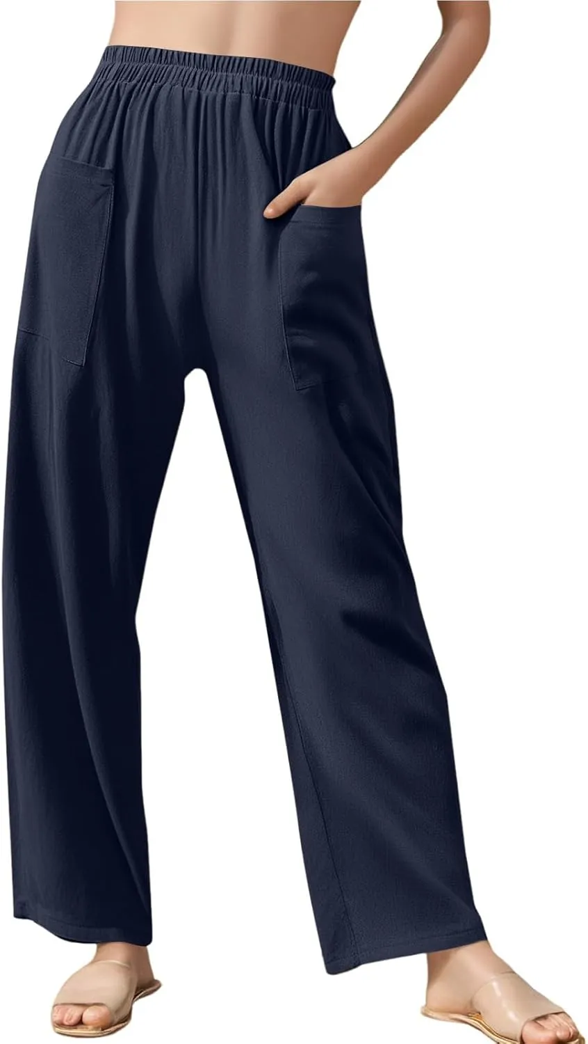Linen Pants Women Elastic High Waisted Pull on Straight Leg Lounge Pants with Pockets Loose Fit Wide Leg Trouser