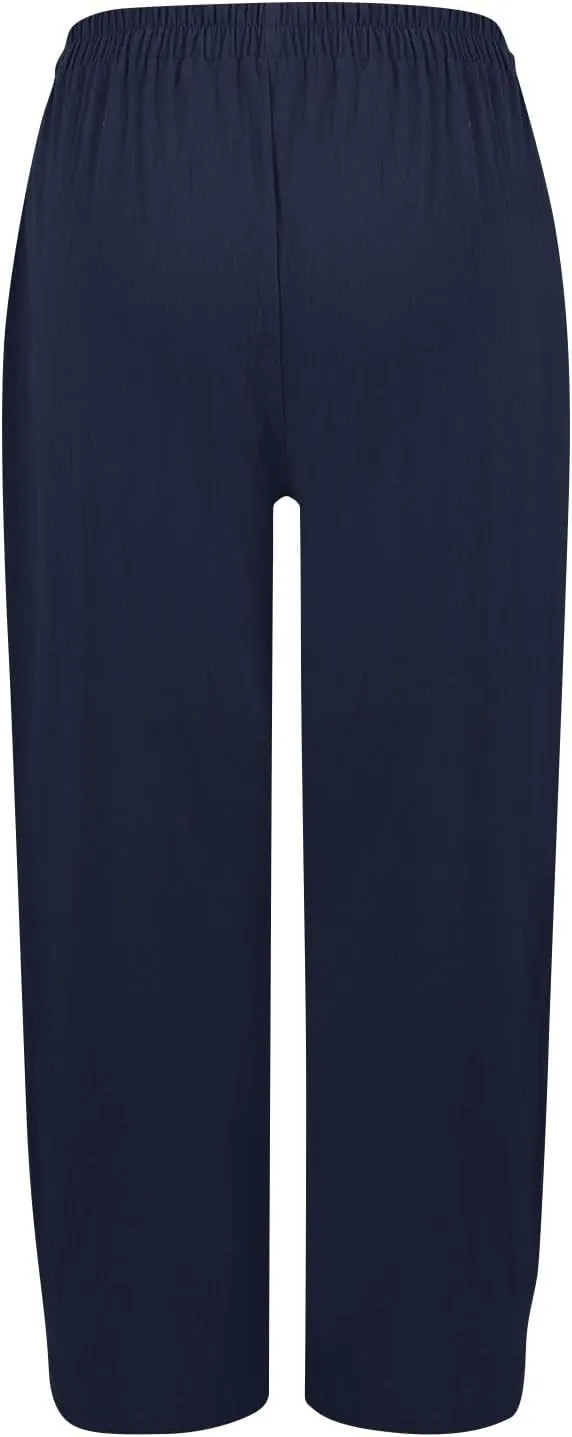 Linen Pants Women Elastic High Waisted Pull on Straight Leg Lounge Pants with Pockets Loose Fit Wide Leg Trouser