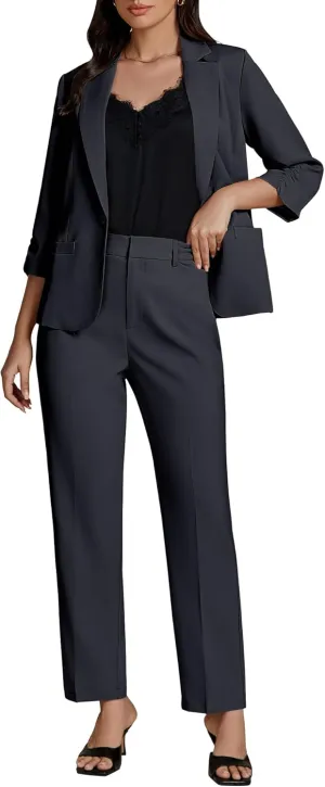 luvamia Pant Suits for Women Dressy 2 Piece Business Casual Outfits 3/4 Sleeve Blazer Straight Leg Pant Sets Office Work