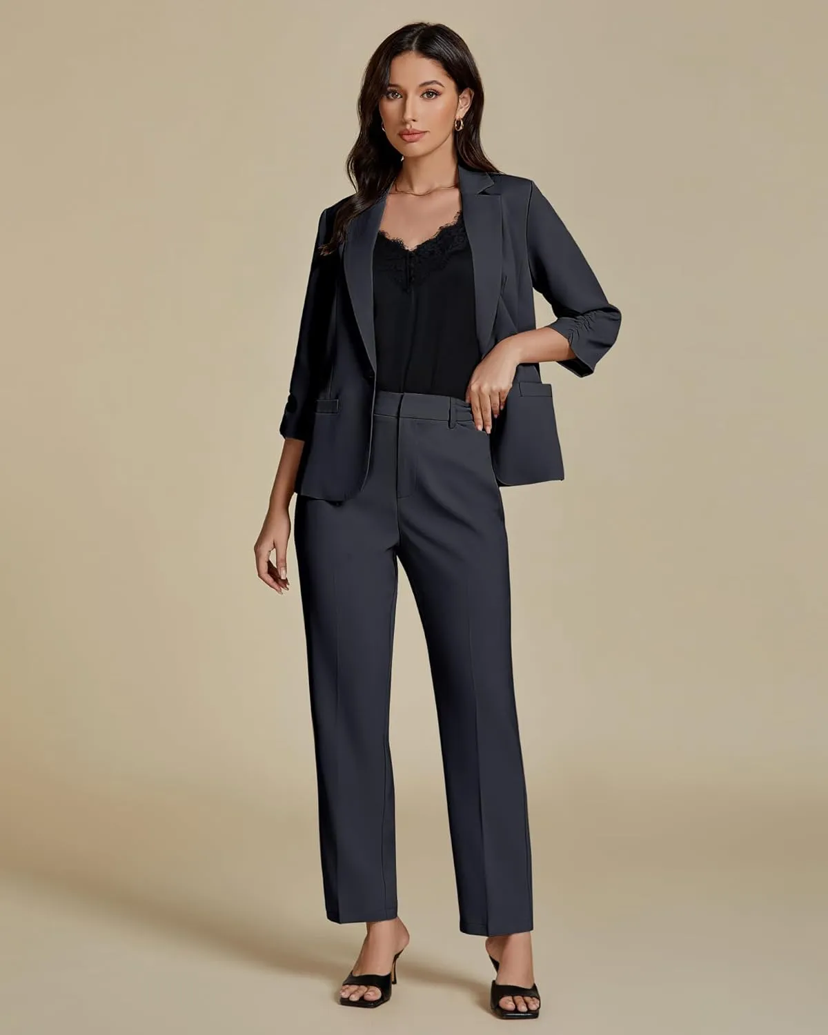luvamia Pant Suits for Women Dressy 2 Piece Business Casual Outfits 3/4 Sleeve Blazer Straight Leg Pant Sets Office Work