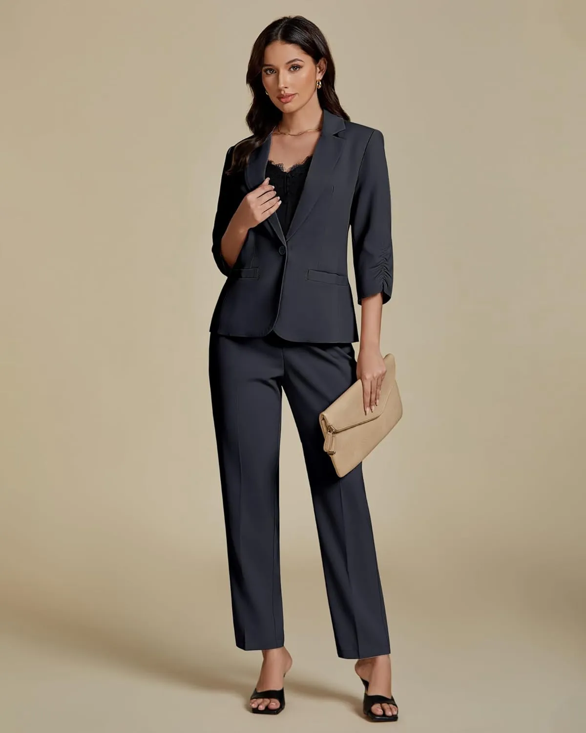 luvamia Pant Suits for Women Dressy 2 Piece Business Casual Outfits 3/4 Sleeve Blazer Straight Leg Pant Sets Office Work