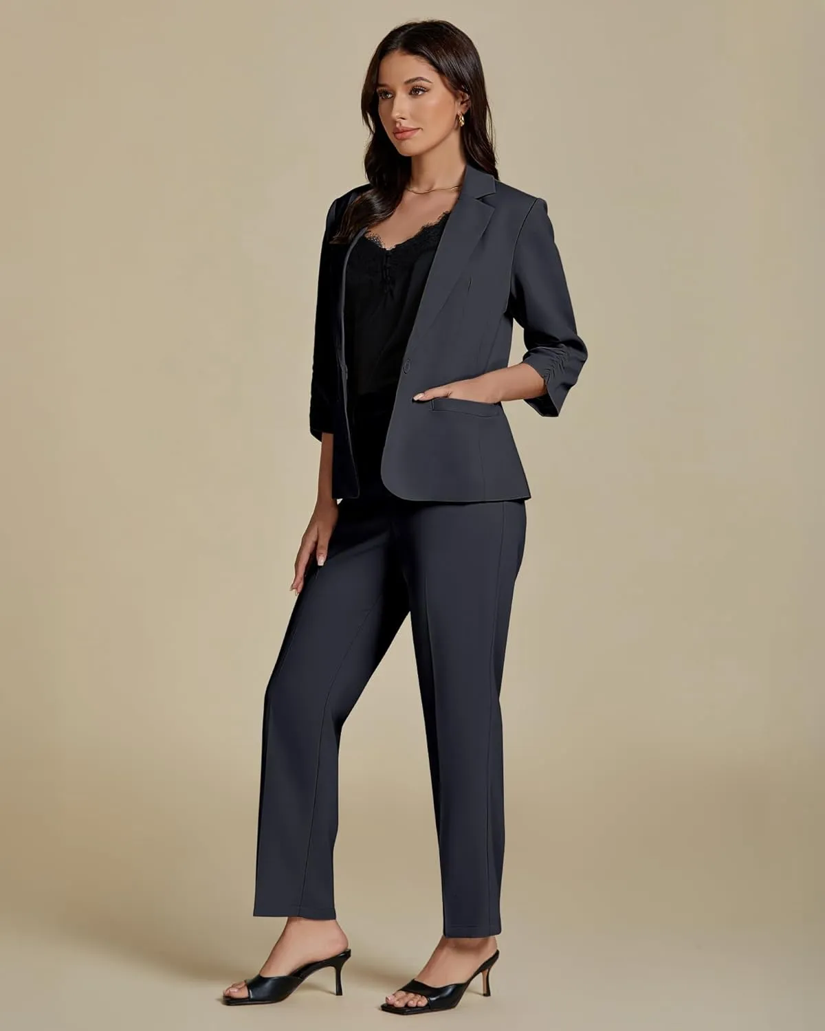 luvamia Pant Suits for Women Dressy 2 Piece Business Casual Outfits 3/4 Sleeve Blazer Straight Leg Pant Sets Office Work
