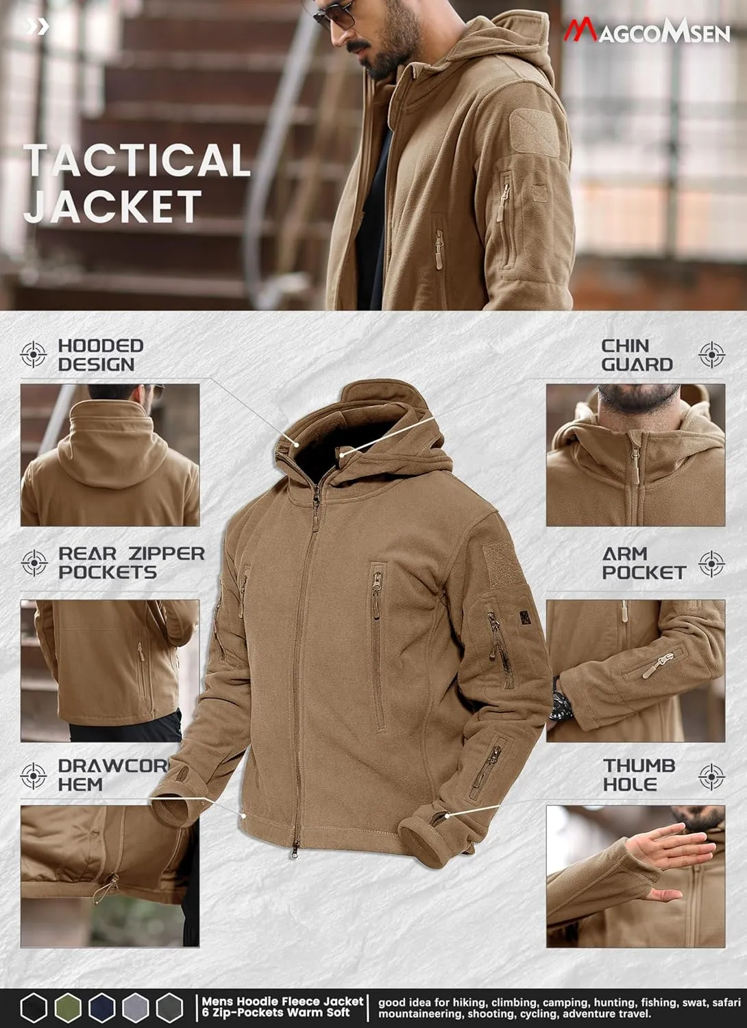 MAGCOMSEN Men's Military Tactical Jacket Warm Fleece Hoodies Sport Outdoor Winter Coats Windbreaker