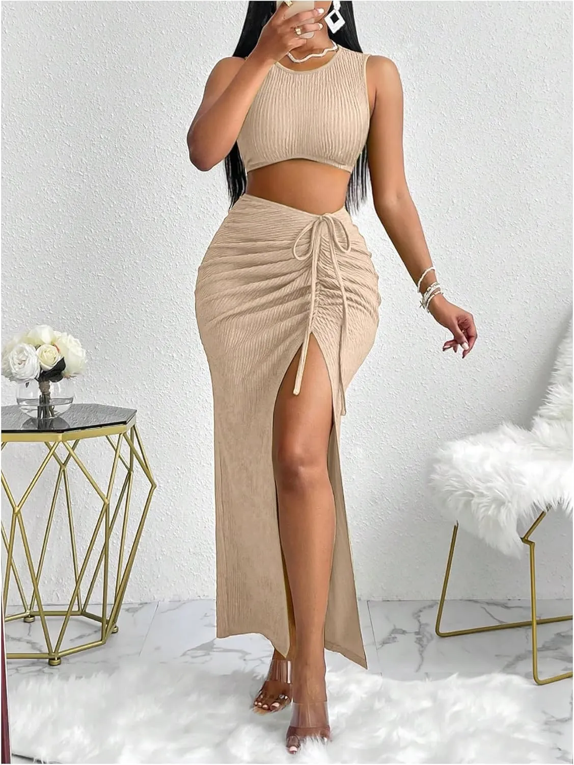 MakeMeChic Women's 2 Piece Outfits Sleeveless Slim Fit Crop Tank Tops with Ruched Drawstring High Split Long Skirt Sets