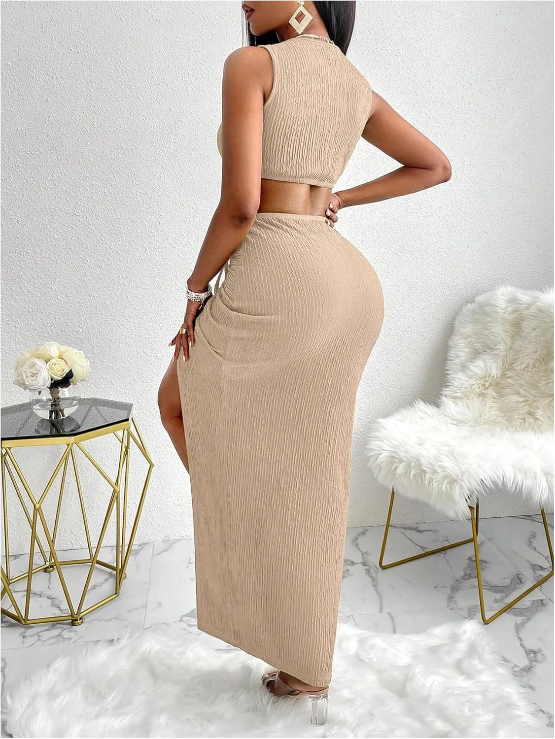 MakeMeChic Women's 2 Piece Outfits Sleeveless Slim Fit Crop Tank Tops with Ruched Drawstring High Split Long Skirt Sets