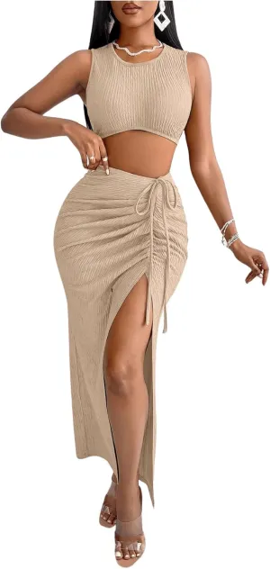 MakeMeChic Women's 2 Piece Outfits Sleeveless Slim Fit Crop Tank Tops with Ruched Drawstring High Split Long Skirt Sets