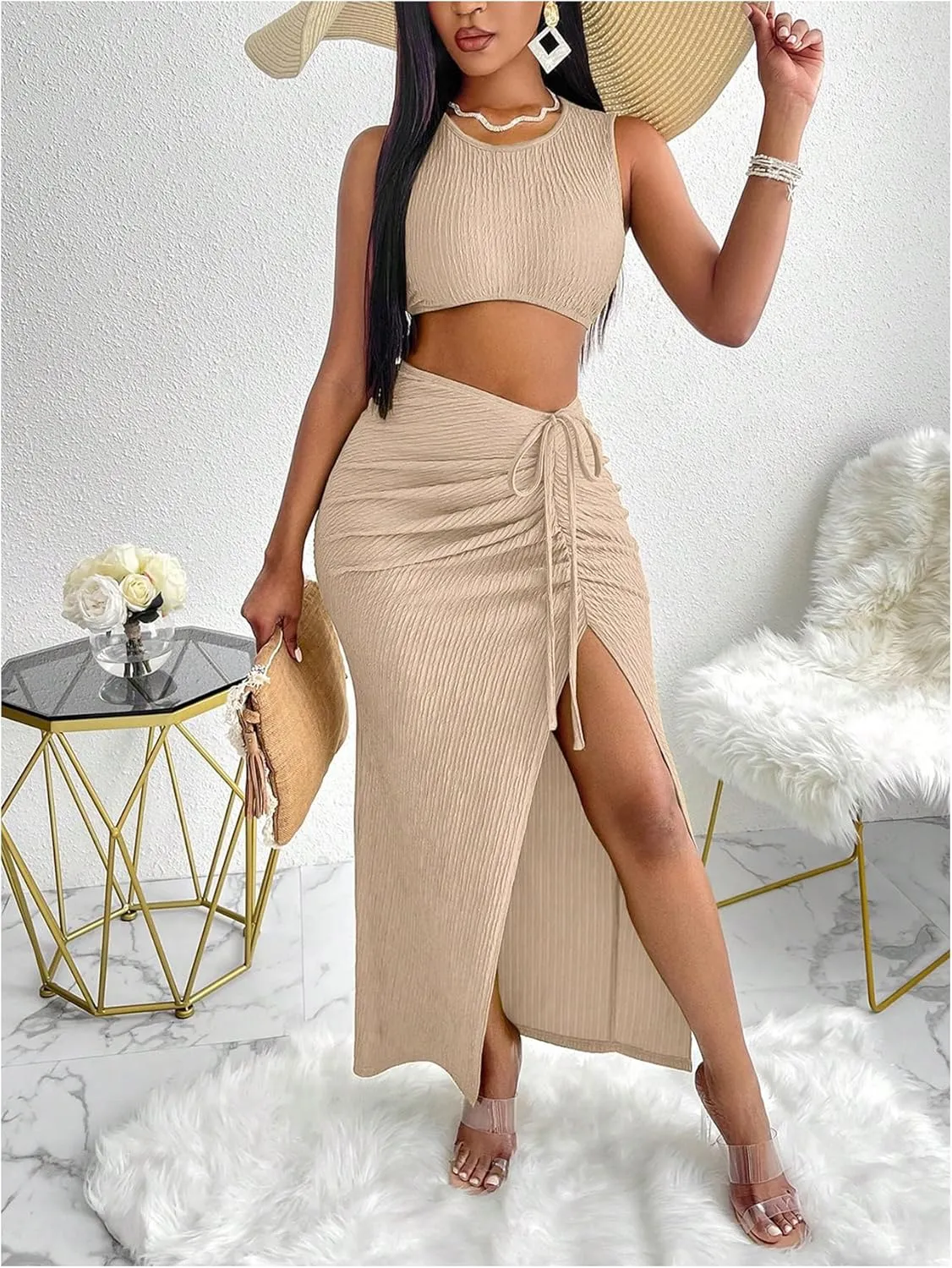 MakeMeChic Women's 2 Piece Outfits Sleeveless Slim Fit Crop Tank Tops with Ruched Drawstring High Split Long Skirt Sets