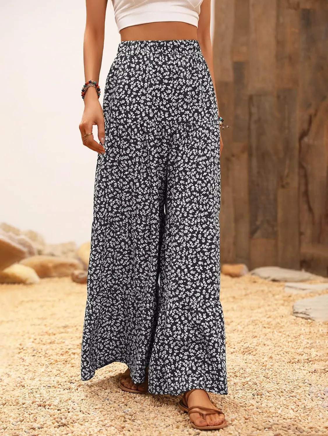 MakeMeChic Women's Floral High Waisted Ruffle Wide Leg Pants Boho Summer Beach Palazzo Pants