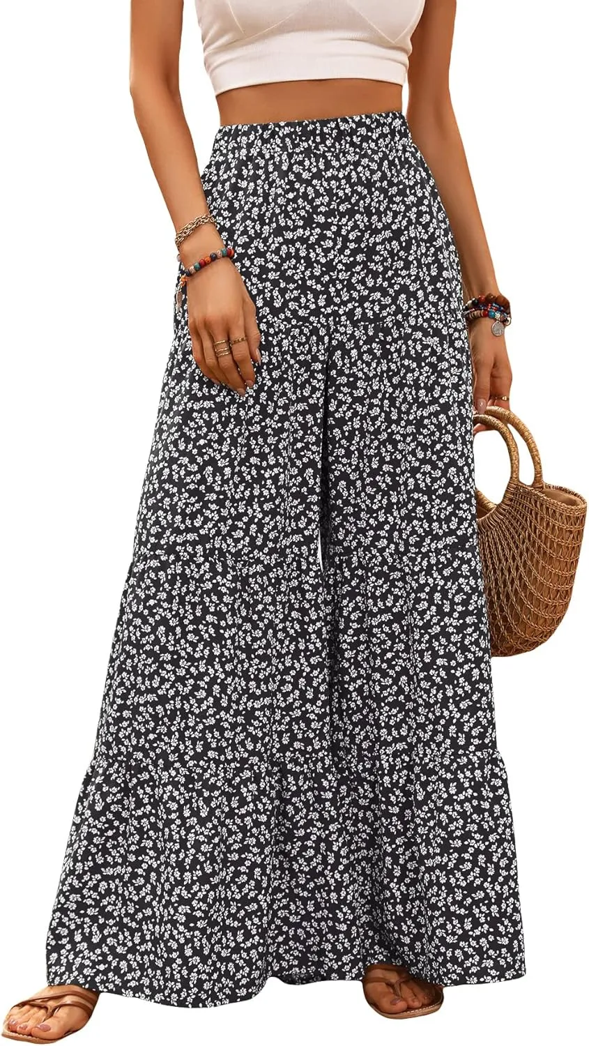 MakeMeChic Women's Floral High Waisted Ruffle Wide Leg Pants Boho Summer Beach Palazzo Pants