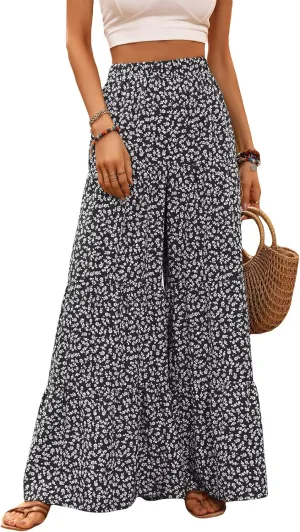 MakeMeChic Women's Floral High Waisted Ruffle Wide Leg Pants Boho Summer Beach Palazzo Pants