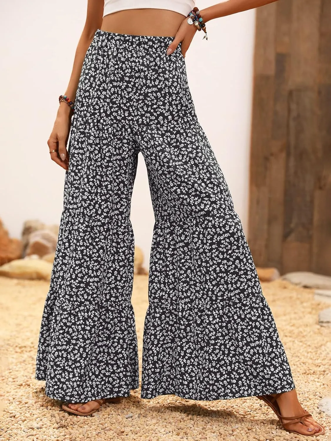 MakeMeChic Women's Floral High Waisted Ruffle Wide Leg Pants Boho Summer Beach Palazzo Pants