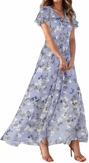 Maxi Dresses for Women,2025 Summer Trendy Floral Boho Dress,Casual V Neck Short Sleeve Chiffon Flowy Beach Dress