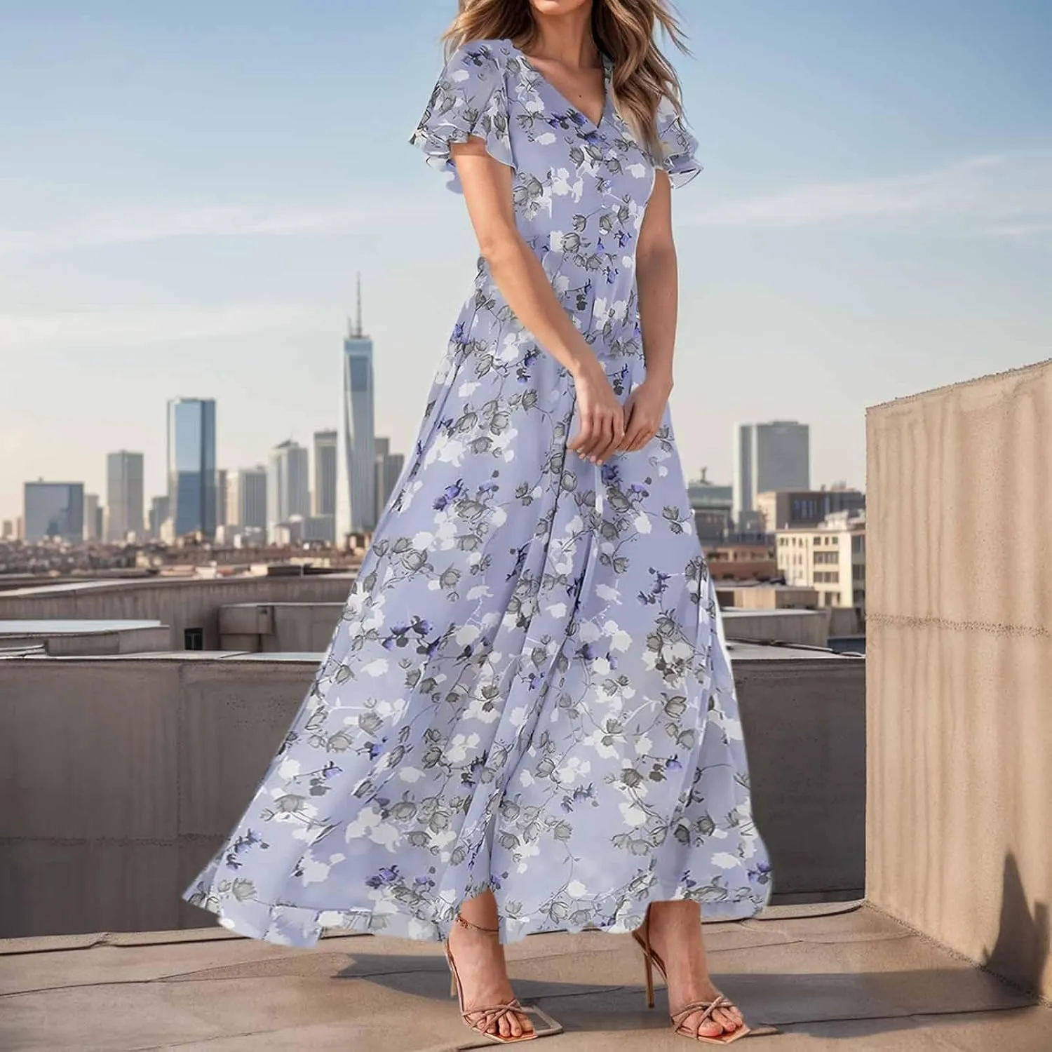 Maxi Dresses for Women,2025 Summer Trendy Floral Boho Dress,Casual V Neck Short Sleeve Chiffon Flowy Beach Dress