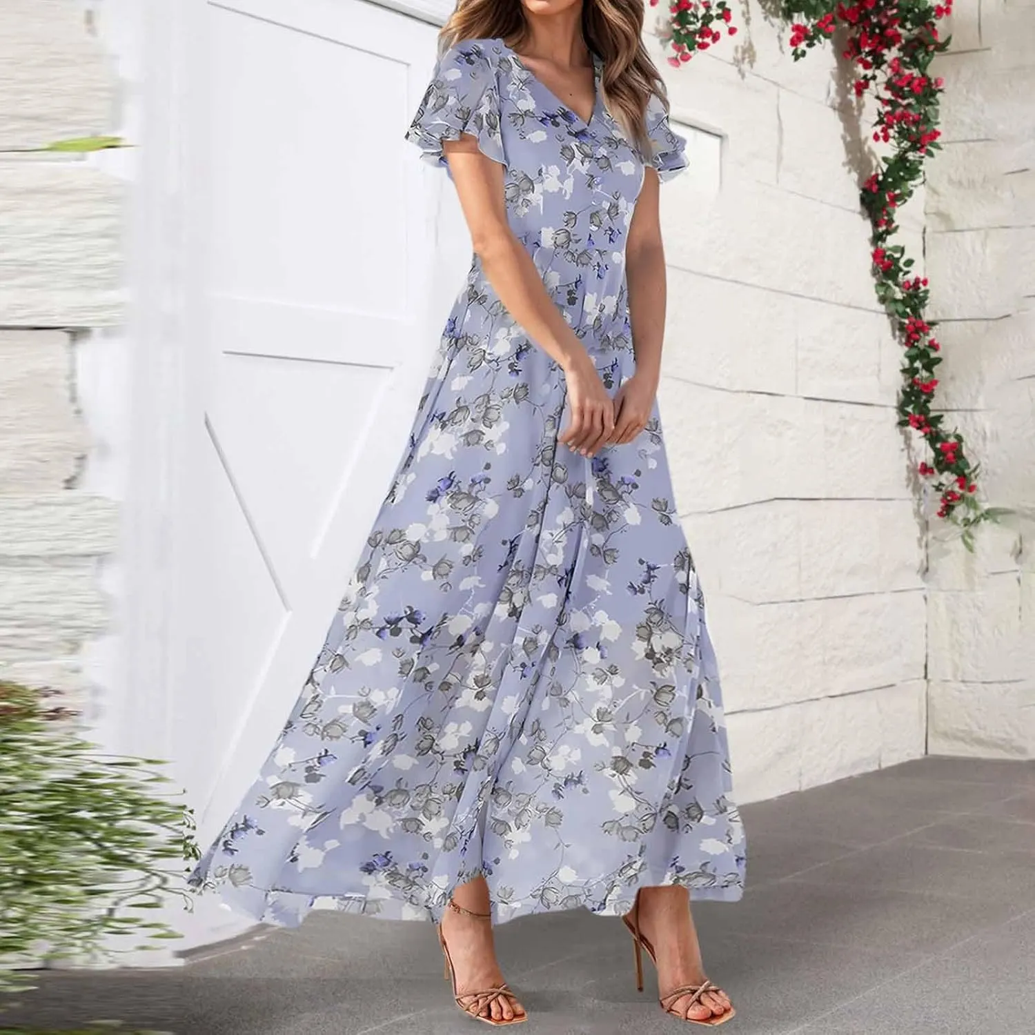 Maxi Dresses for Women,2025 Summer Trendy Floral Boho Dress,Casual V Neck Short Sleeve Chiffon Flowy Beach Dress
