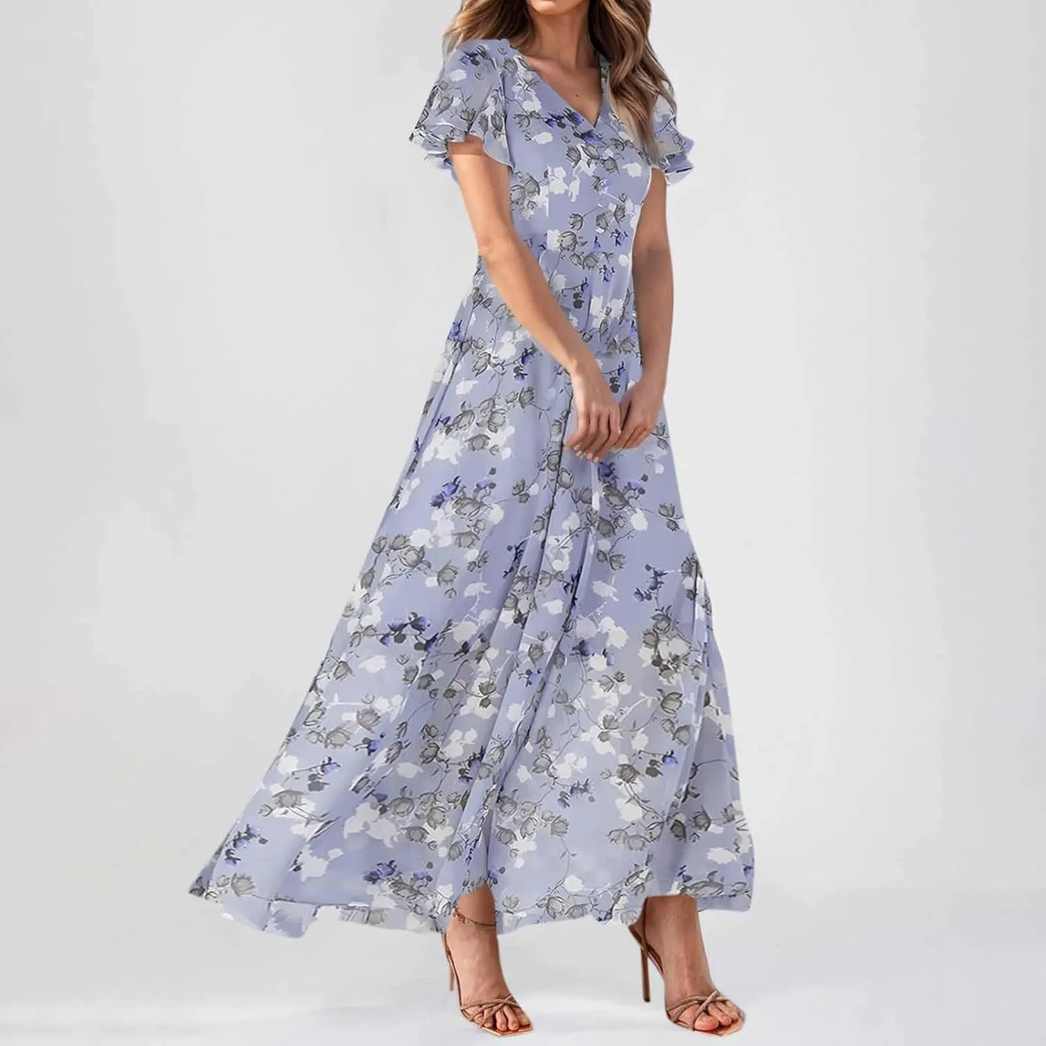 Maxi Dresses for Women,2025 Summer Trendy Floral Boho Dress,Casual V Neck Short Sleeve Chiffon Flowy Beach Dress