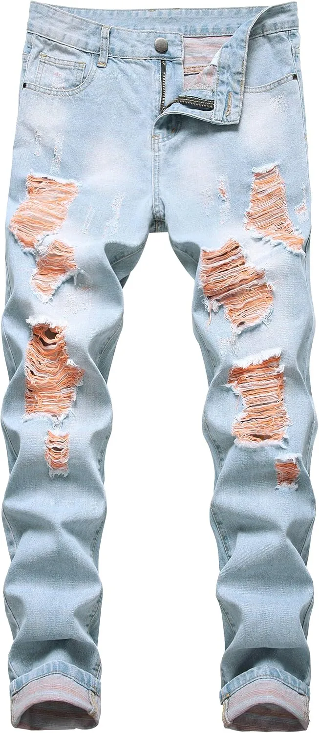Men Ripped Jeans, Slim Fit Straight Leg, Denim Pants with Holes