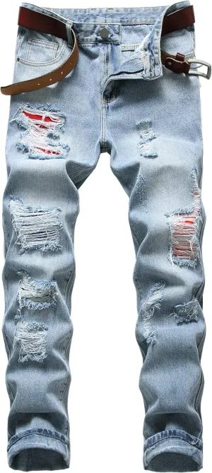 Men Ripped Jeans, Slim Fit Straight Leg, Denim Pants with Holes