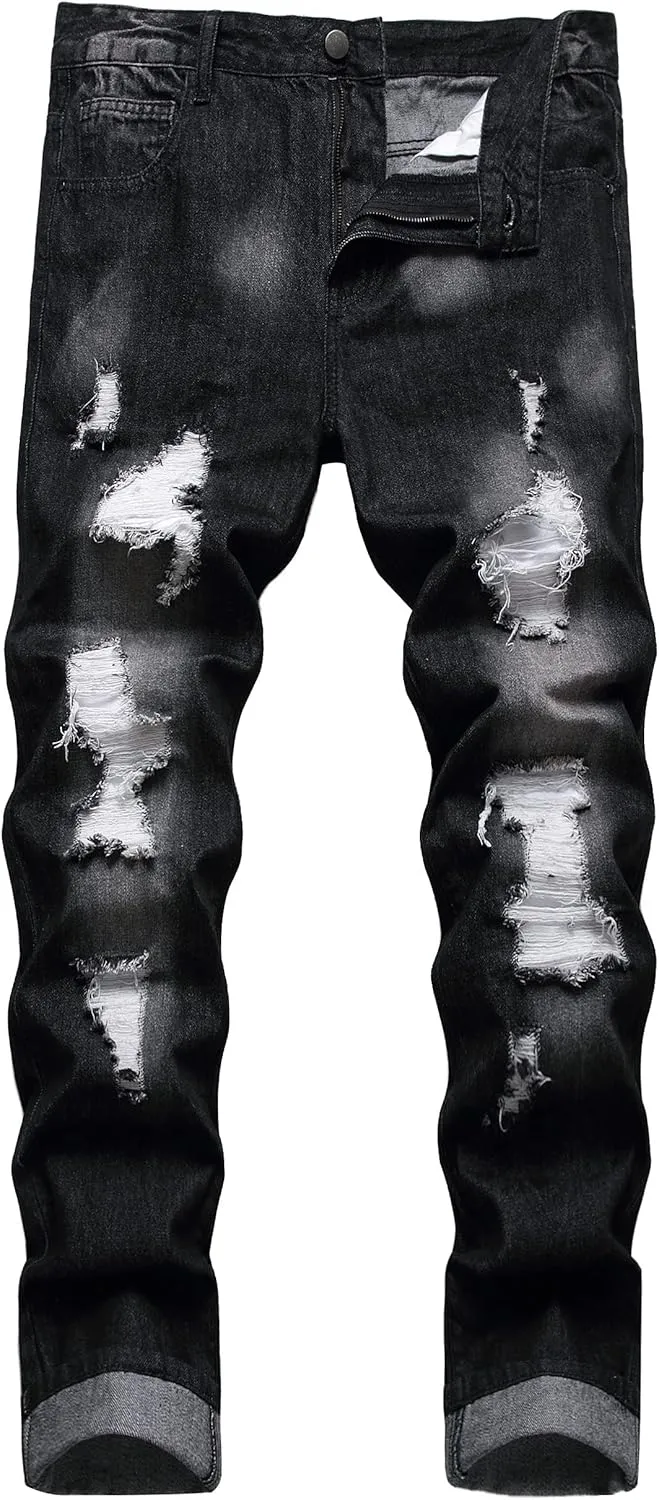 Men Ripped Jeans, Slim Fit Straight Leg, Denim Pants with Holes