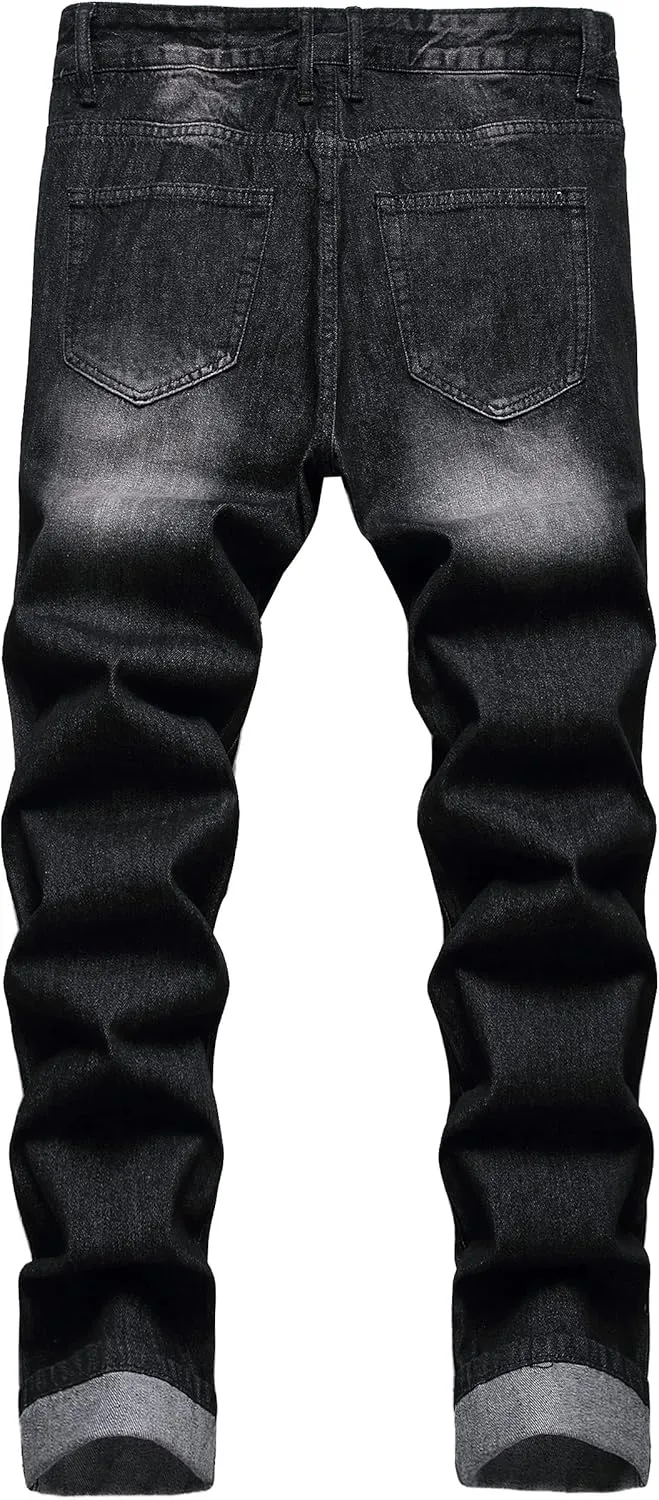 Men Ripped Jeans, Slim Fit Straight Leg, Denim Pants with Holes