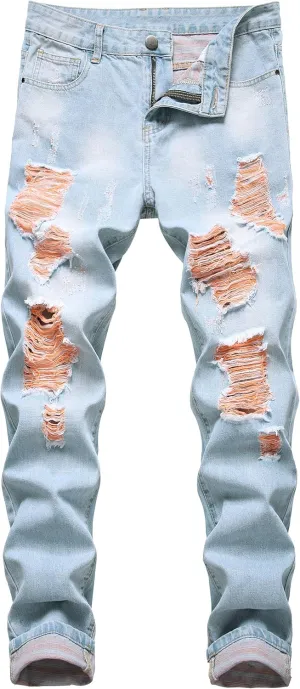 Men Ripped Jeans, Slim Fit Straight Leg, Denim Pants with Holes