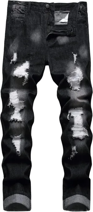 Men Ripped Jeans, Slim Fit Straight Leg, Denim Pants with Holes