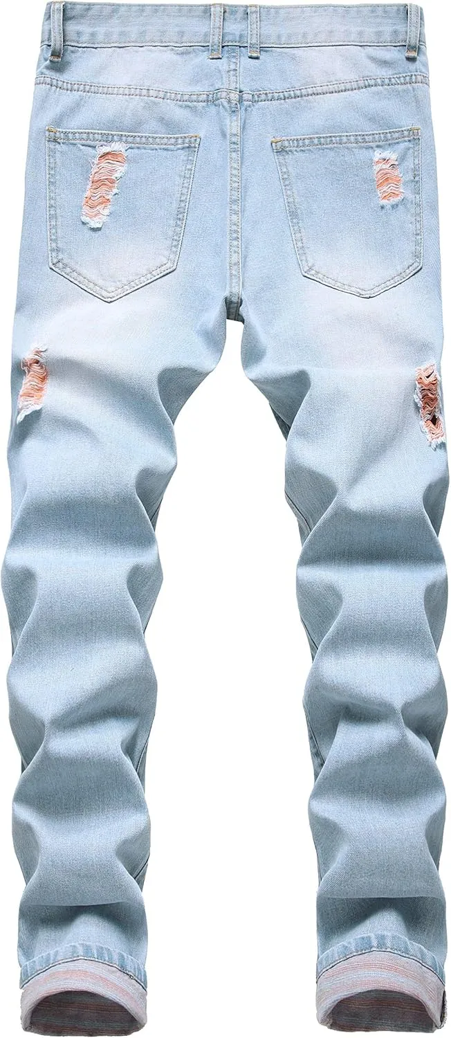 Men Ripped Jeans, Slim Fit Straight Leg, Denim Pants with Holes