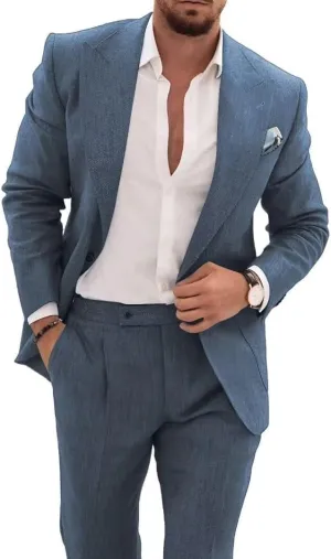 Mens 2 Piece Linen Suit Casual Beach Wedding Blazer Pants Set Summer Linen Suit for Men