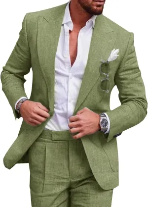 Mens 2 Piece Linen Suit Slim Fit Wedding Tuxedo Summer Beach Suit Prom Party Blazer Pants
