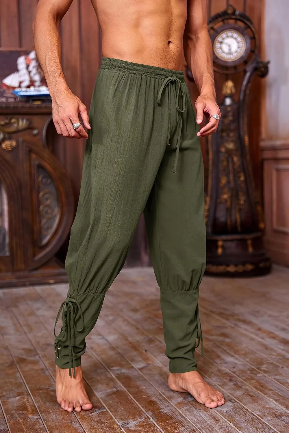 Mens Medieval Ankle Pants Viking Pirate Renaissance Costume Lace Up Tapered Banded Navigator Casual Trousers