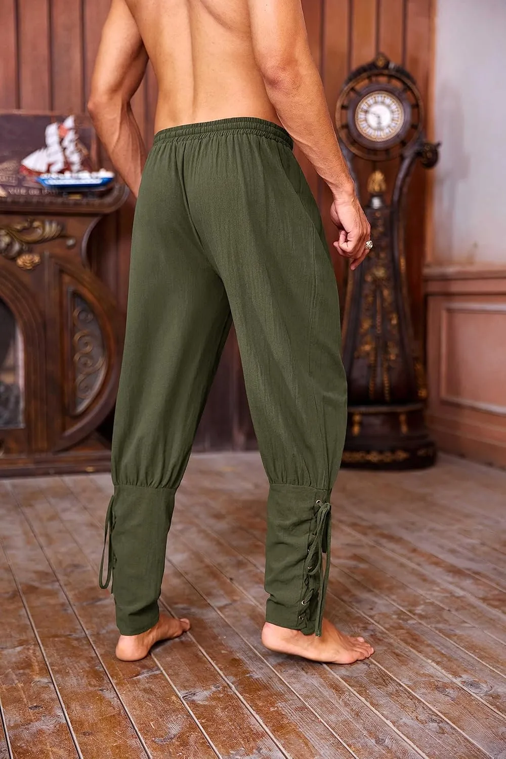 Mens Medieval Ankle Pants Viking Pirate Renaissance Costume Lace Up Tapered Banded Navigator Casual Trousers