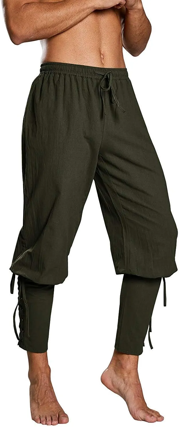 Mens Medieval Ankle Pants Viking Pirate Renaissance Costume Lace Up Tapered Banded Navigator Casual Trousers
