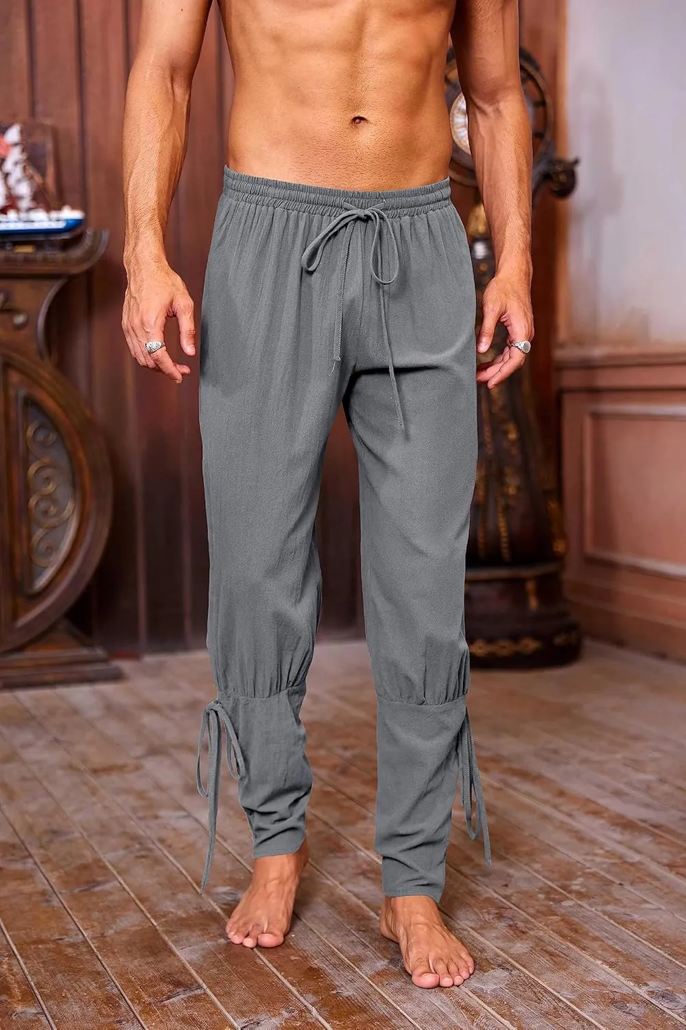 Mens Medieval Ankle Pants Viking Pirate Renaissance Costume Lace Up Tapered Banded Navigator Casual Trousers